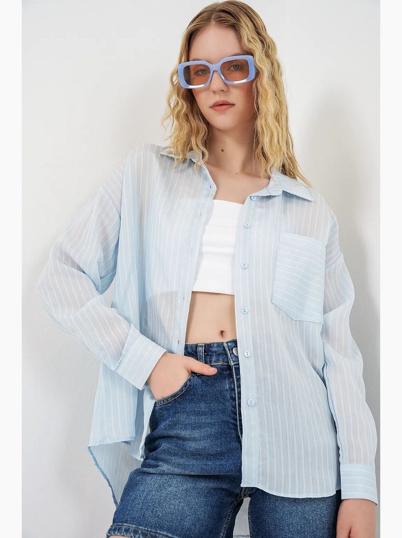 Camisa oversized às riscas com abotoamento frontal bdart Azul claro - Kiabi