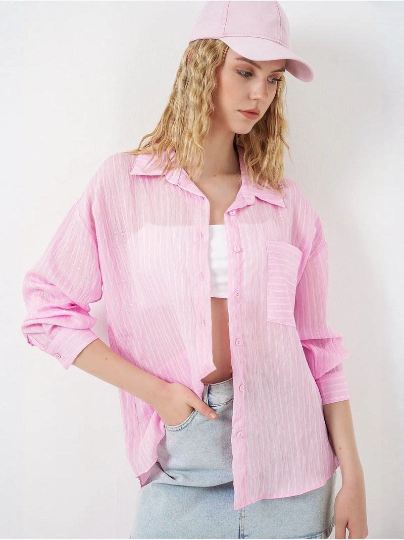 Camisa oversized às riscas com abotoamento frontal bdart Rosa-claro - Kiabi