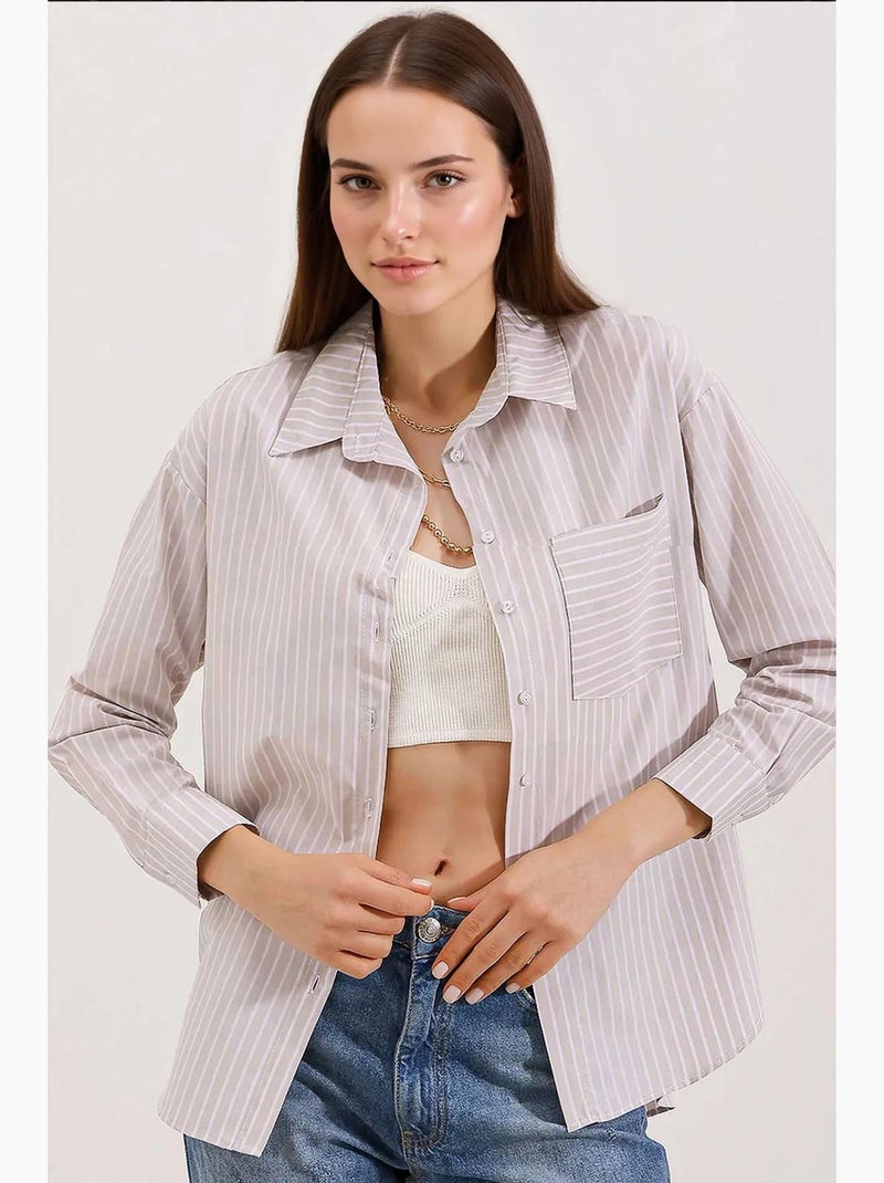 Camisa oversized às riscas com bolso bdart Creme - Kiabi