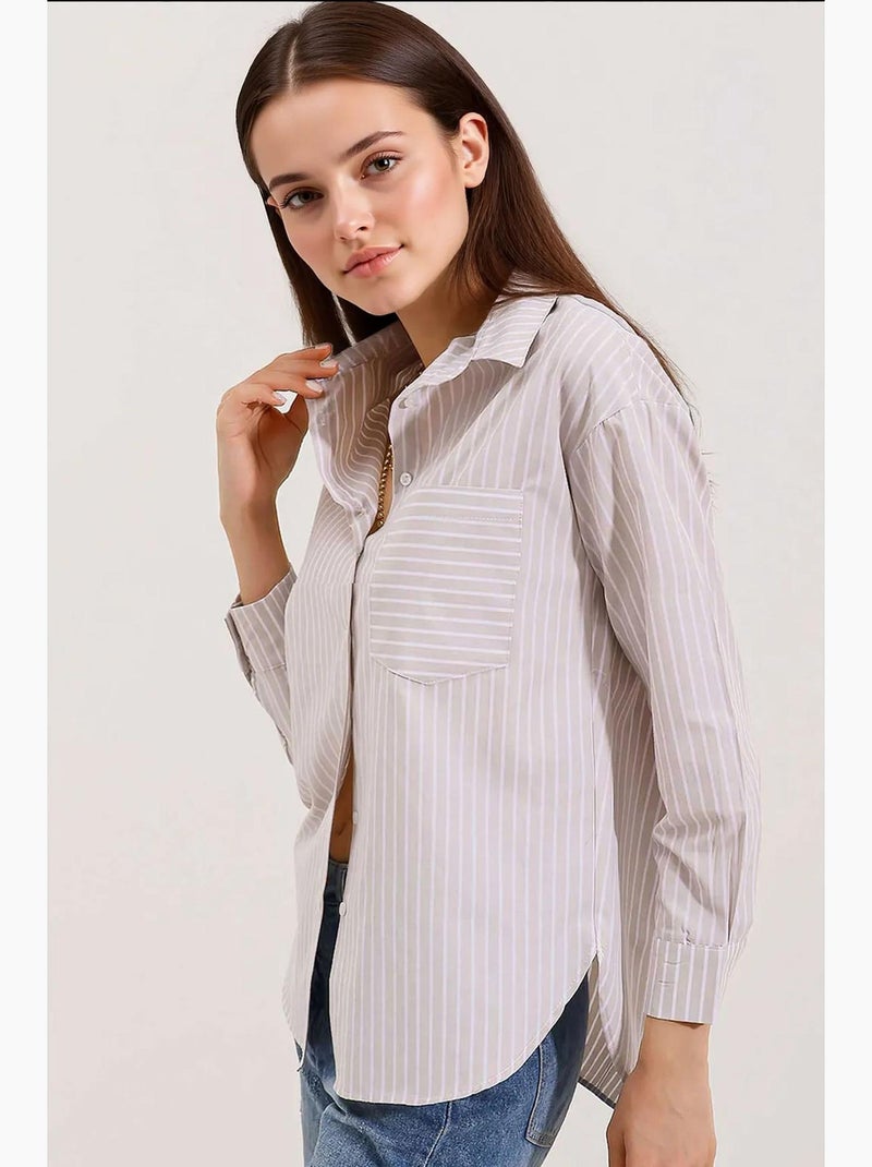 Camisa oversized às riscas com bolso bdart Creme - Kiabi
