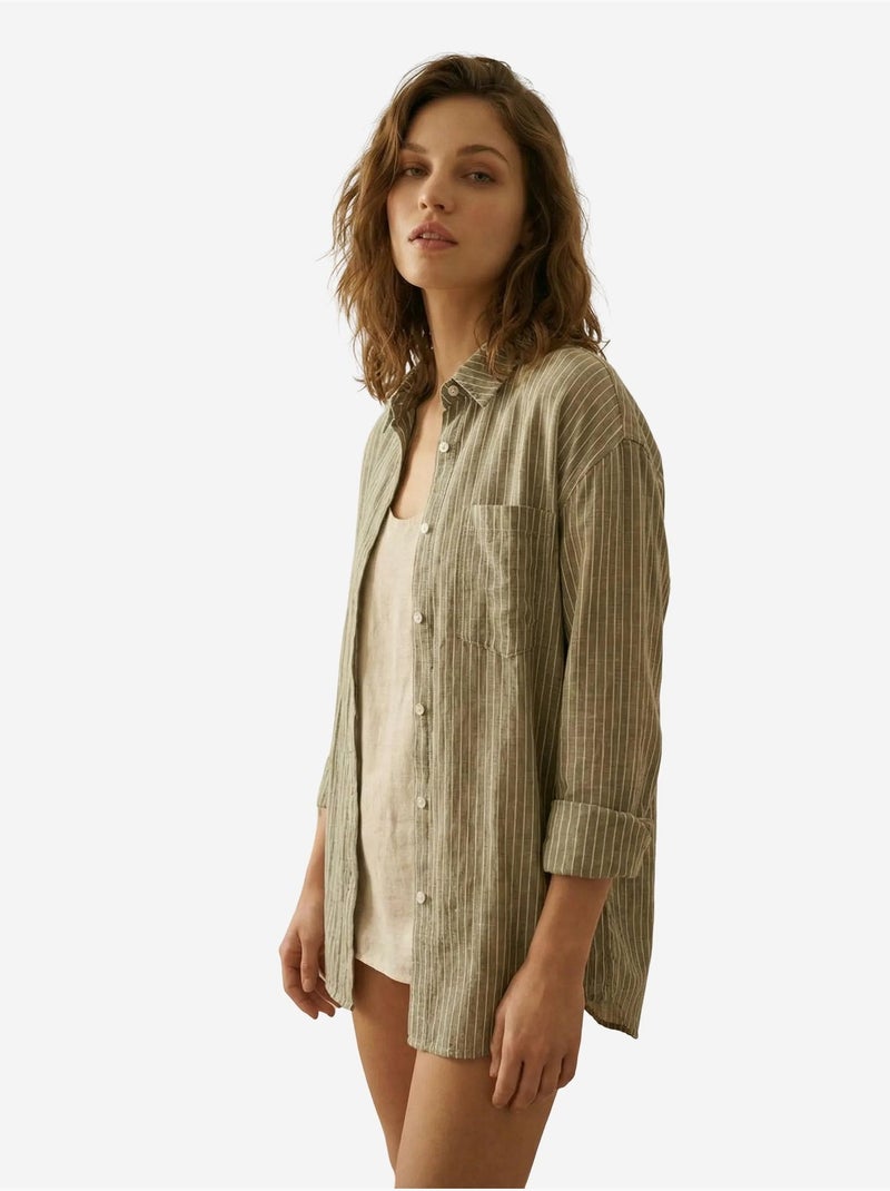 Camisa oversized às riscas em popelina de algodão de manga comprida my fashion Cáqui - Kiabi