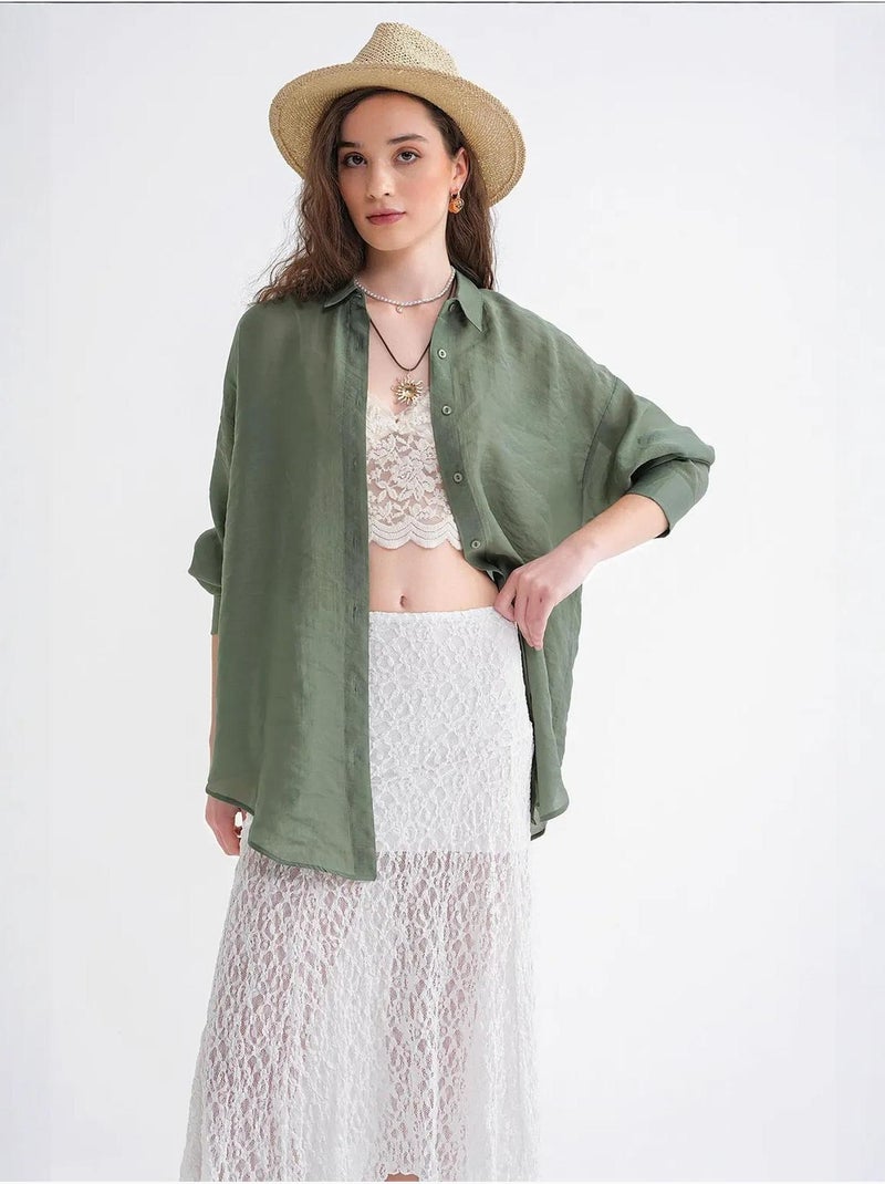 Camisa oversized com botões mixray Cáqui - Kiabi
