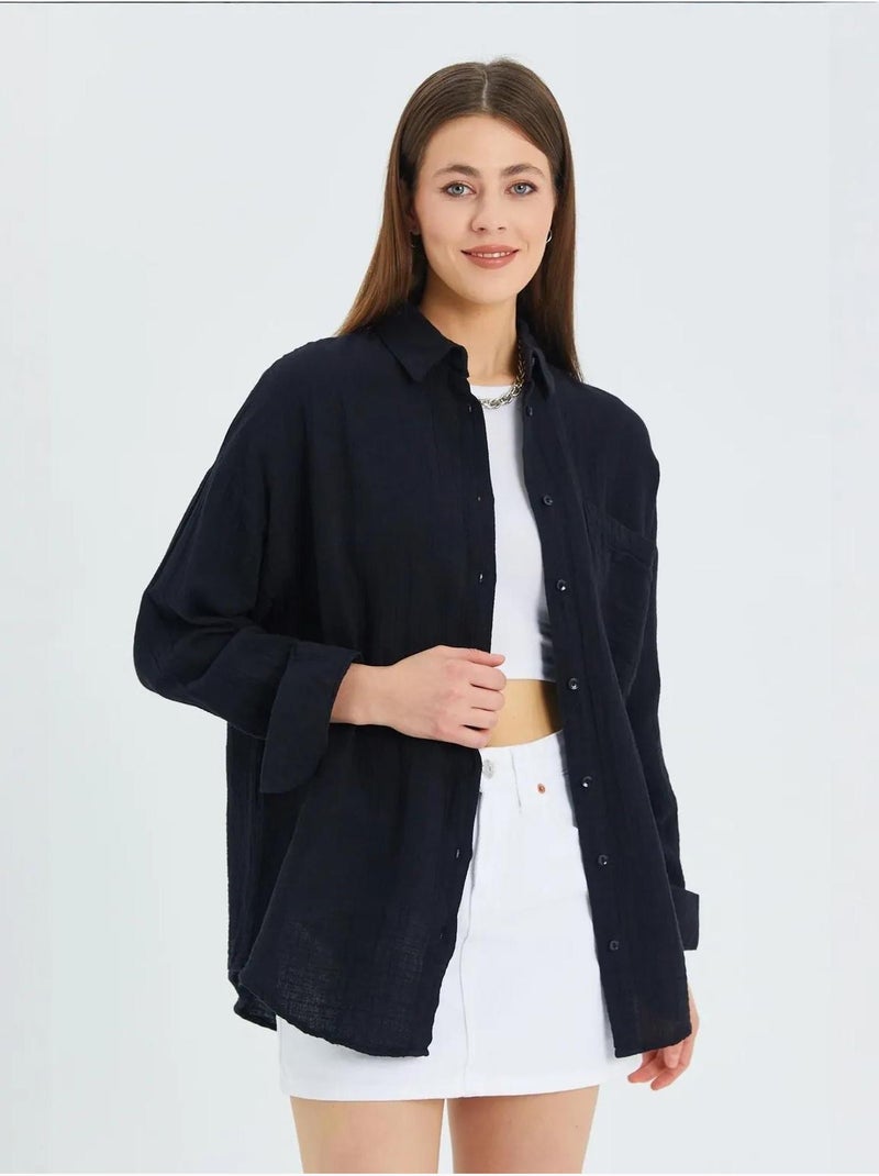 Camisa oversized com detalhe de bolso mixray Preto - Kiabi