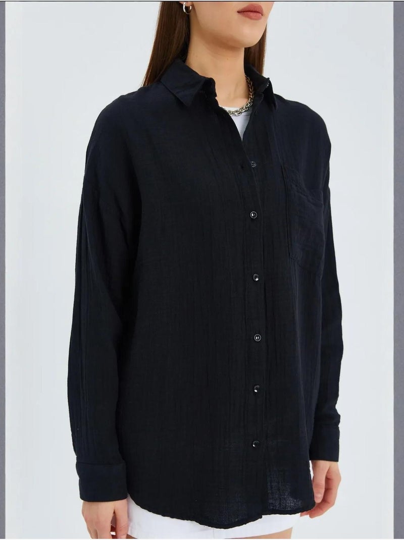Camisa oversized com detalhe de bolso mixray Preto - Kiabi