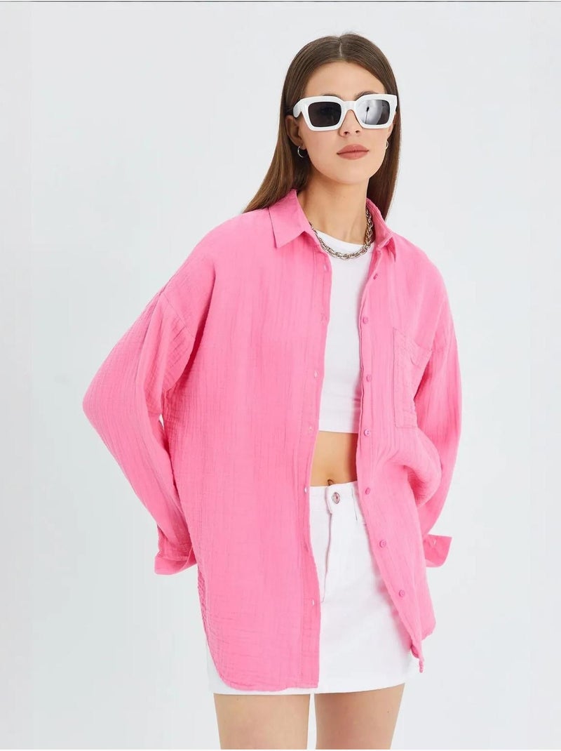 Camisa oversized com detalhe de bolso mixray Rosa-fluo/Solinotes - Kiabi