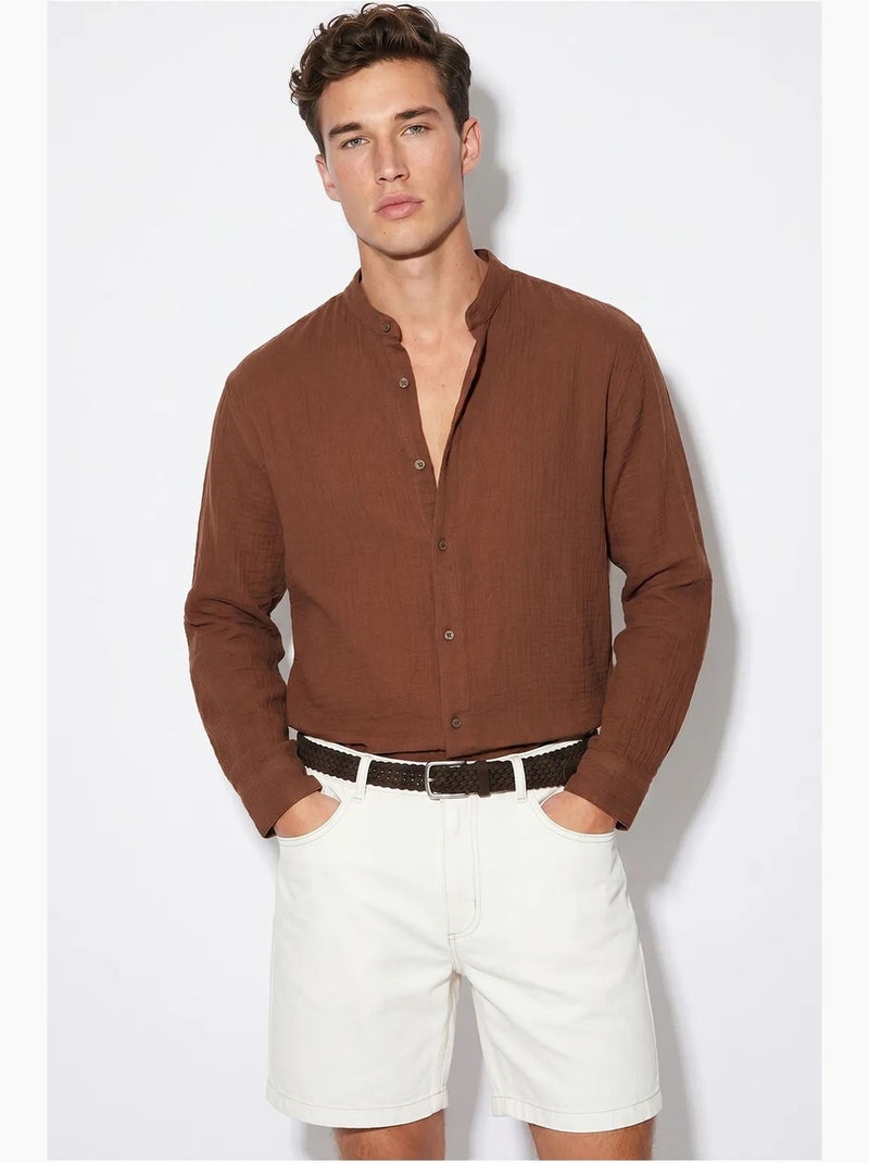 Camisa oversized com gola mandarim lucci Castanho - Kiabi