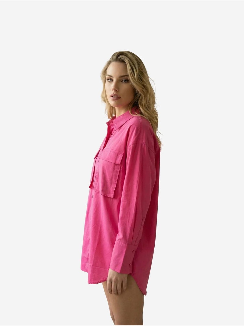 Camisa oversized de algodão de manga comprida com bolso my fashion Magenta - Kiabi
