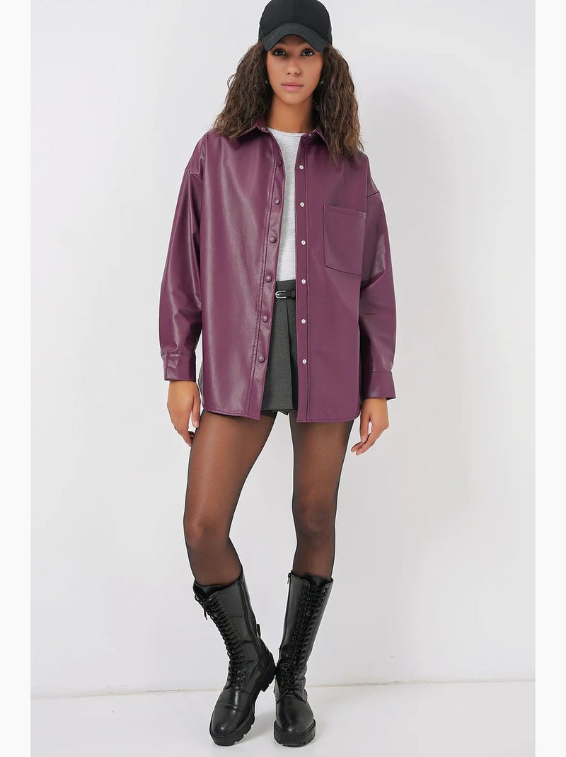 Camisa oversized de manga comprida em pele sintética com botões e bolso. Bdart Malva - Kiabi