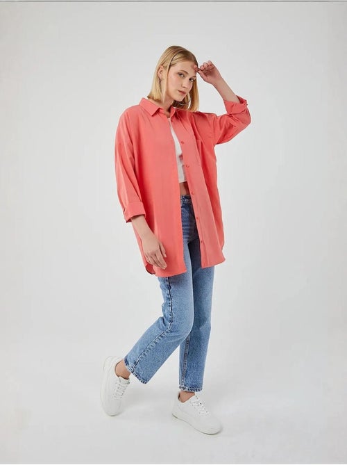 Camisa oversized de popelina com botões e manga comprida mixray - Kiabi Camisa oversized de popelina com botões e manga comprida mixray - Kiabi