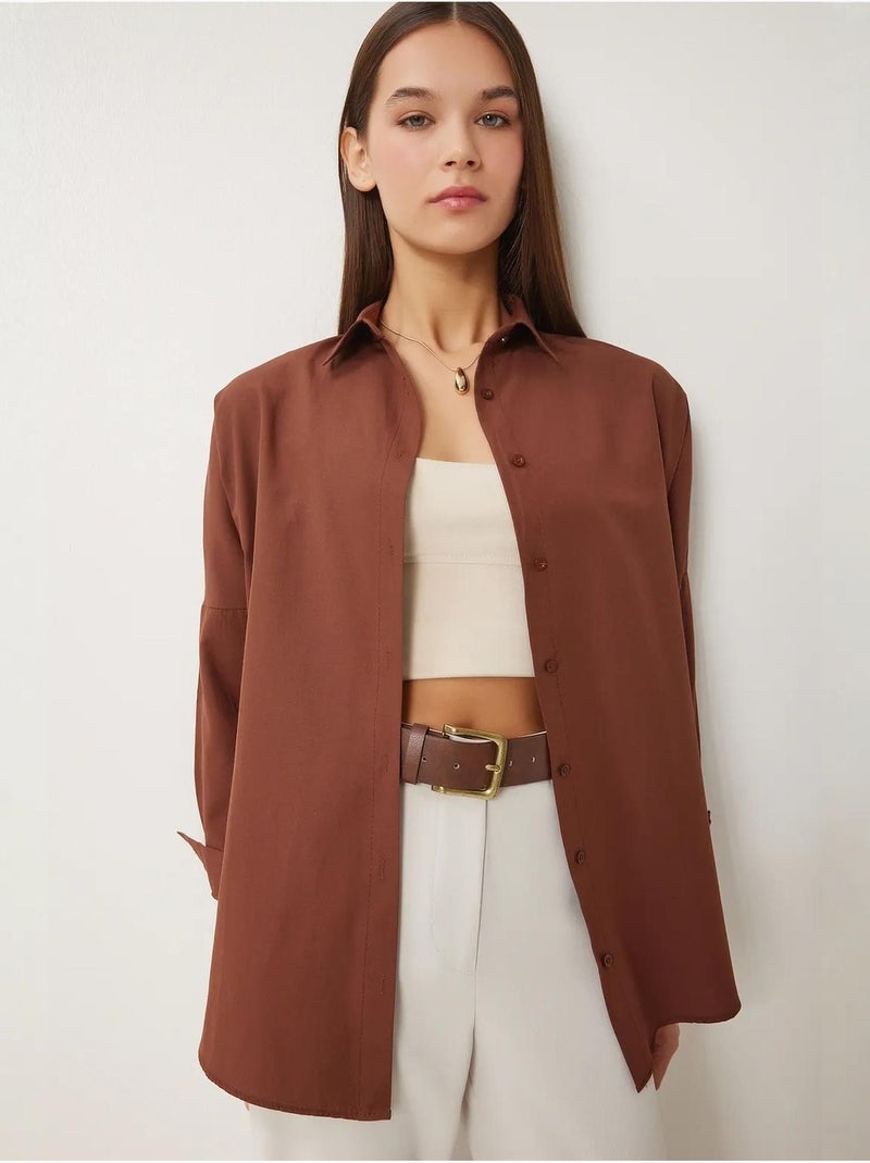 Camisa oversized de popelina com botões e mangas compridas istanbul Castanho-escuro - Kiabi