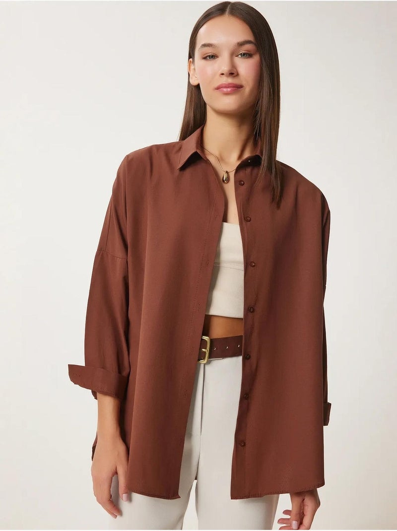 Camisa oversized de popelina com botões e mangas compridas istanbul Castanho-escuro - Kiabi