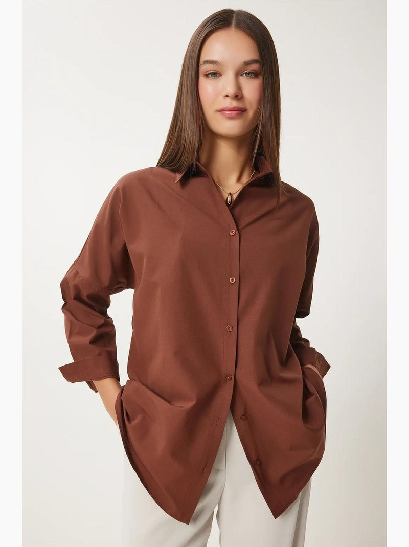 Camisa oversized de popelina com botões e mangas compridas istanbul Castanho-escuro - Kiabi