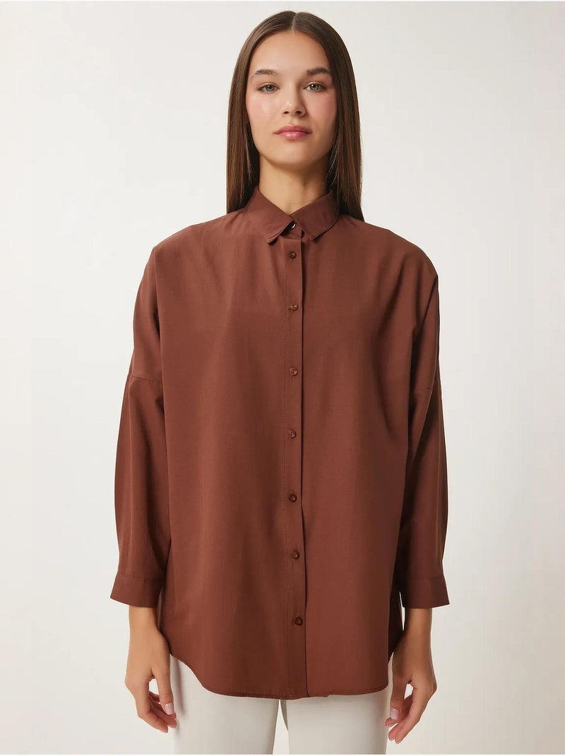 Camisa oversized de popelina com botões e mangas compridas istanbul Castanho-escuro - Kiabi