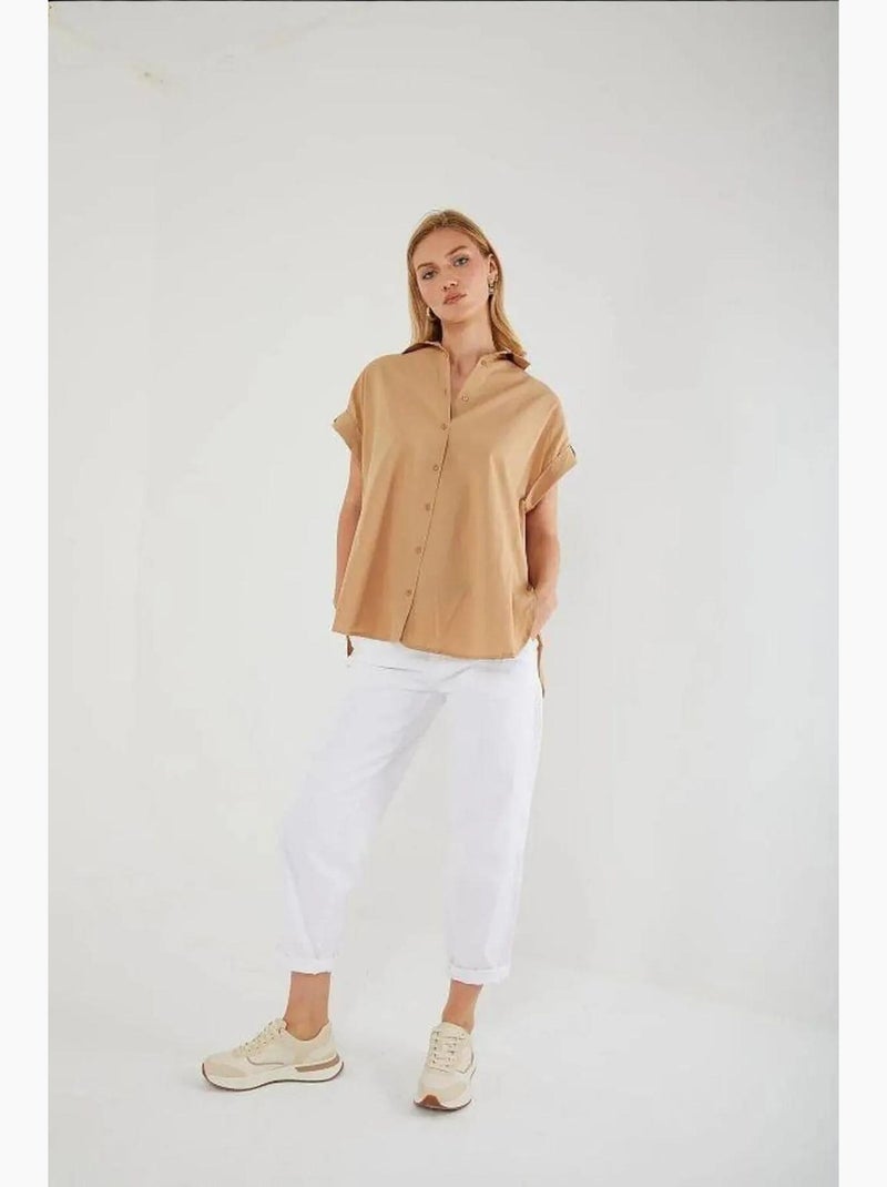 Camisa oversized de popelina de manga curta com botões mixray Bege-argila - Kiabi