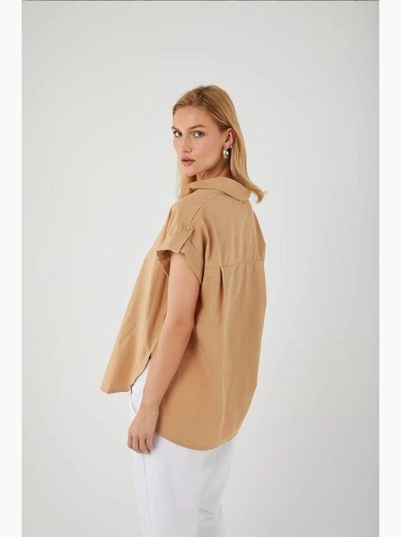 Camisa oversized de popelina de manga curta com botões mixray Bege-argila - Kiabi