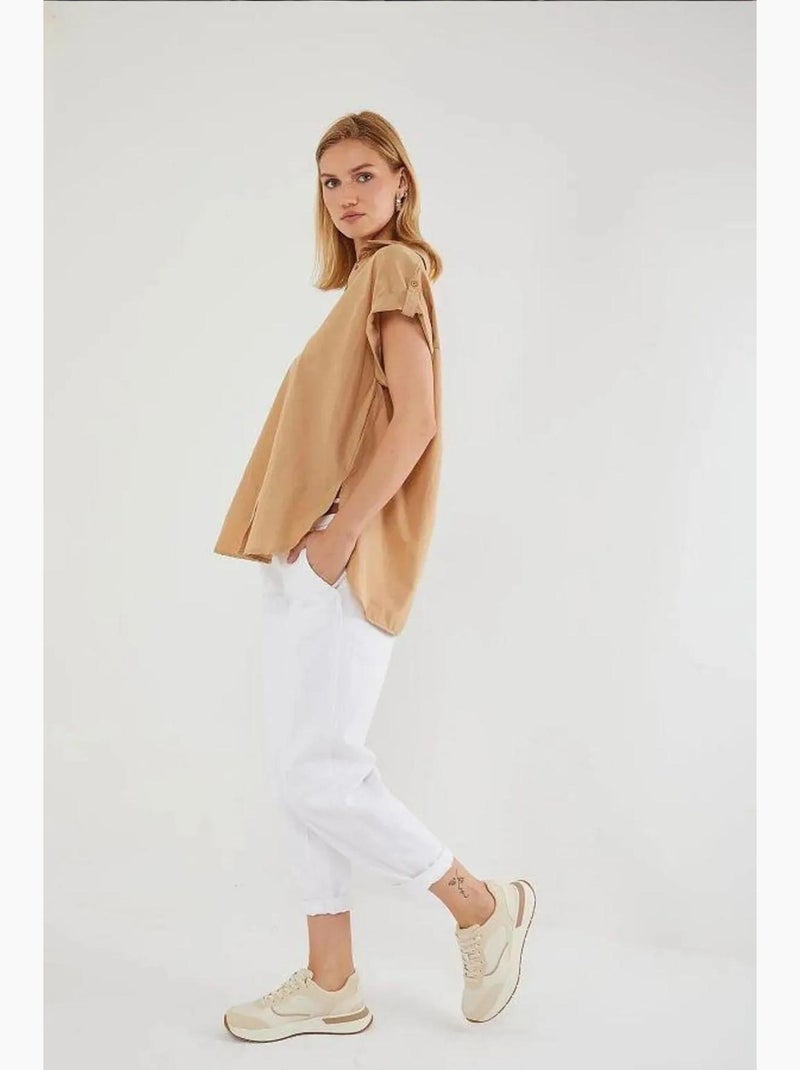 Camisa oversized de popelina de manga curta com botões mixray Bege-argila - Kiabi