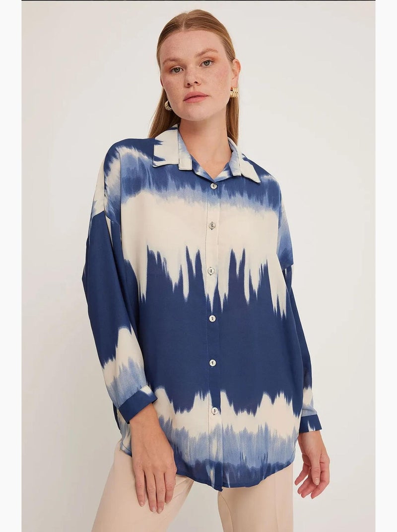 Camisa oversized de tecelagem abstrata de manga comprida com fecho de botões bdart Azul-marinho - Kiabi
