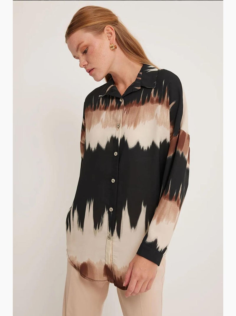 Camisa oversized de tecelagem abstrata de manga comprida com fecho de botões bdart Preto Castanho - Kiabi