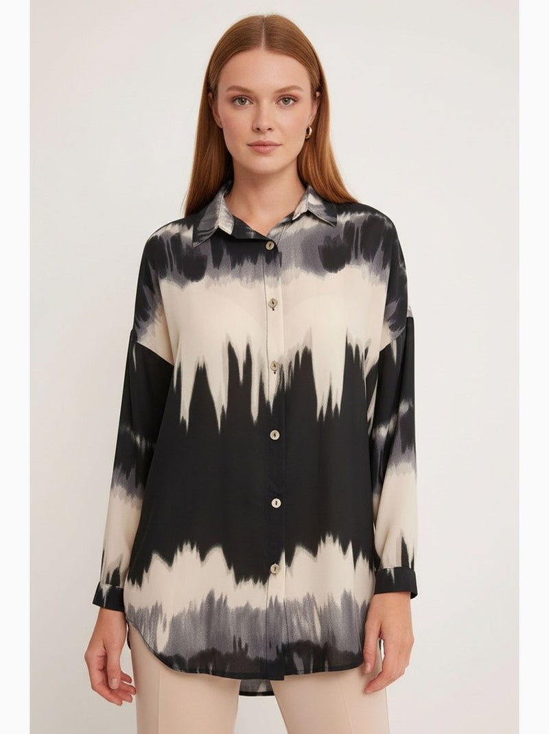 Camisa oversized de tecelagem abstrata de manga comprida com fecho de botões bdart Preto Laranja - Kiabi