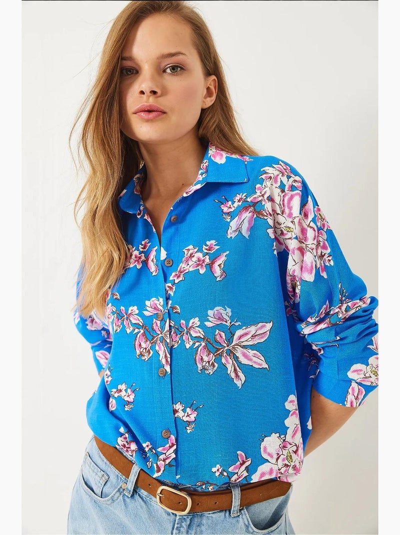 Camisa oversized em linho e viscose com estampado floral lucci Multicolorido - Kiabi