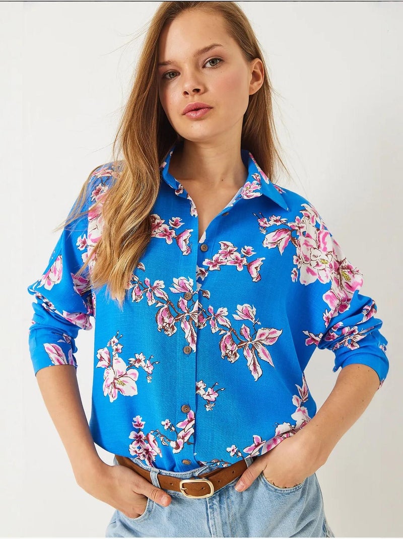 Camisa oversized em linho e viscose com estampado floral lucci Multicolorido - Kiabi