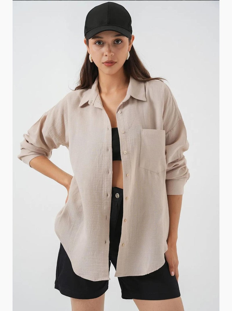 Camisa oversized em mistura de linho com detalhes de bolsos bdart Areia - Kiabi