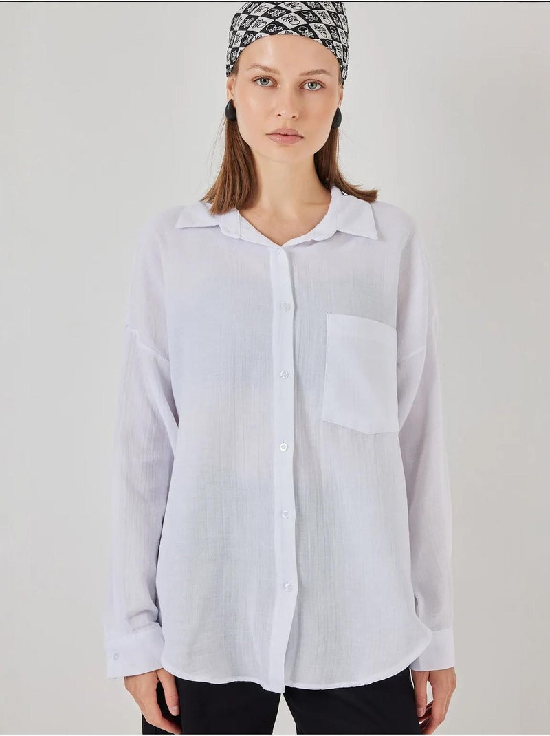 Camisa oversized em mistura de linho com detalhes de bolsos bdart Branco - Kiabi