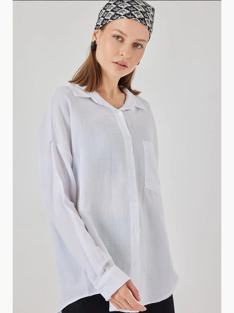 Camisa oversized em mistura de linho com detalhes de bolsos bdart Branco - Kiabi