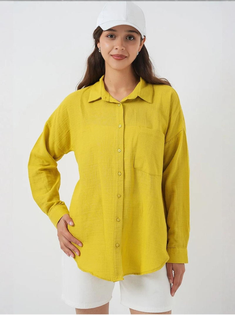 Camisa oversized em mistura de linho com detalhes de bolsos bdart Mostarda - Kiabi