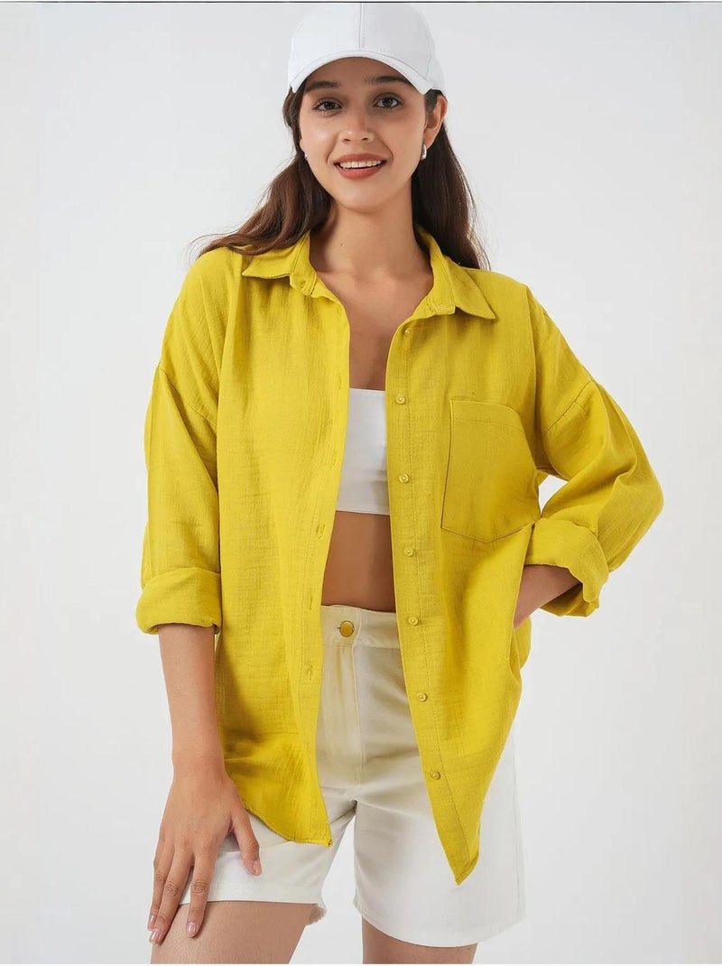 Camisa oversized em mistura de linho com detalhes de bolsos bdart Mostarda - Kiabi