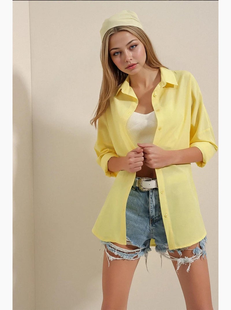 Camisa oversized em popelina com padrão e botões bdart Amarelo-limão - Kiabi