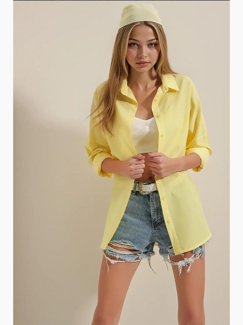 Camisa oversized em popelina com padrão e botões bdart Amarelo-limão - Kiabi