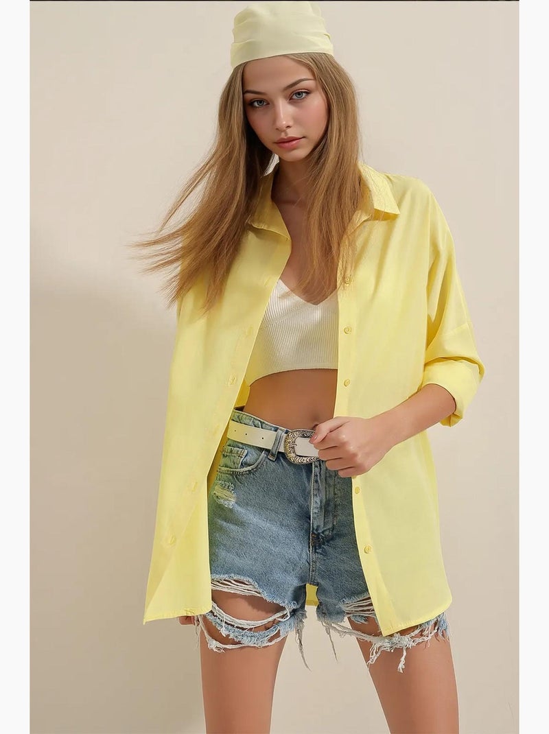 Camisa oversized em popelina com padrão e botões bdart Amarelo-limão - Kiabi