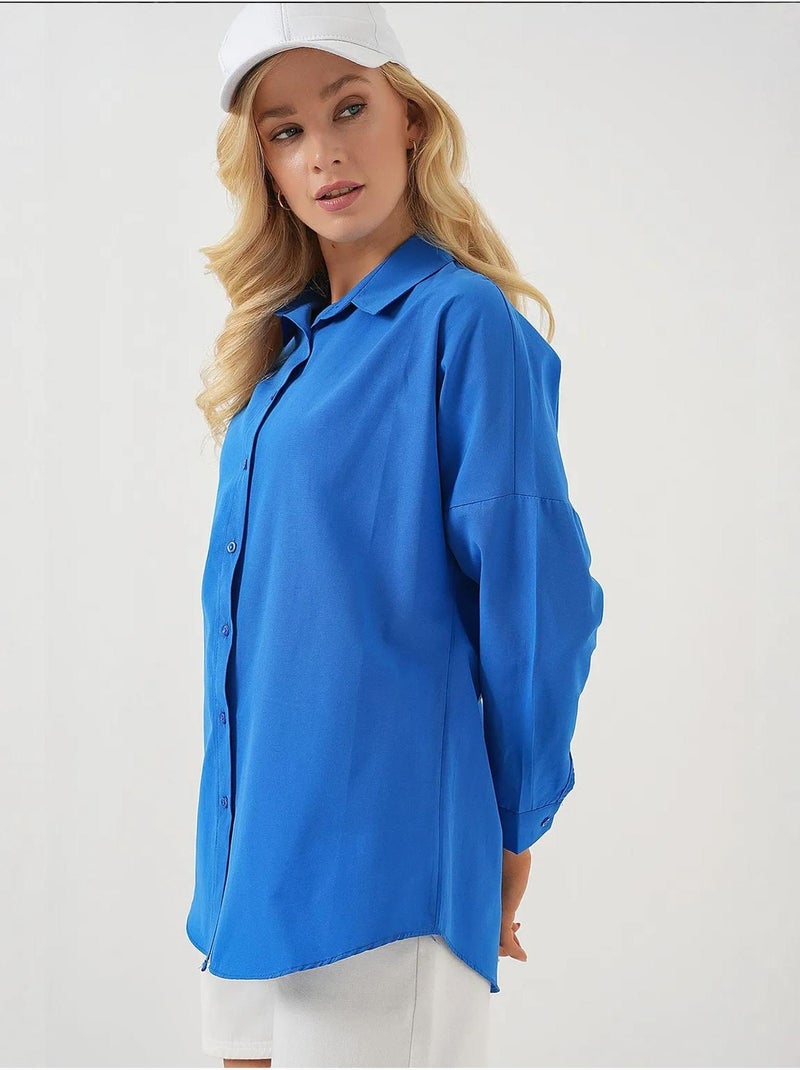 Camisa oversized em popelina com padrão e botões bdart Azul-cobalto - Kiabi