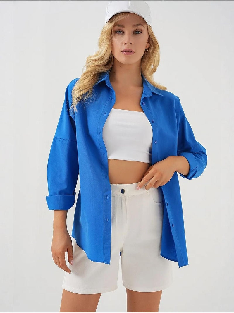Camisa oversized em popelina com padrão e botões bdart Azul-cobalto - Kiabi