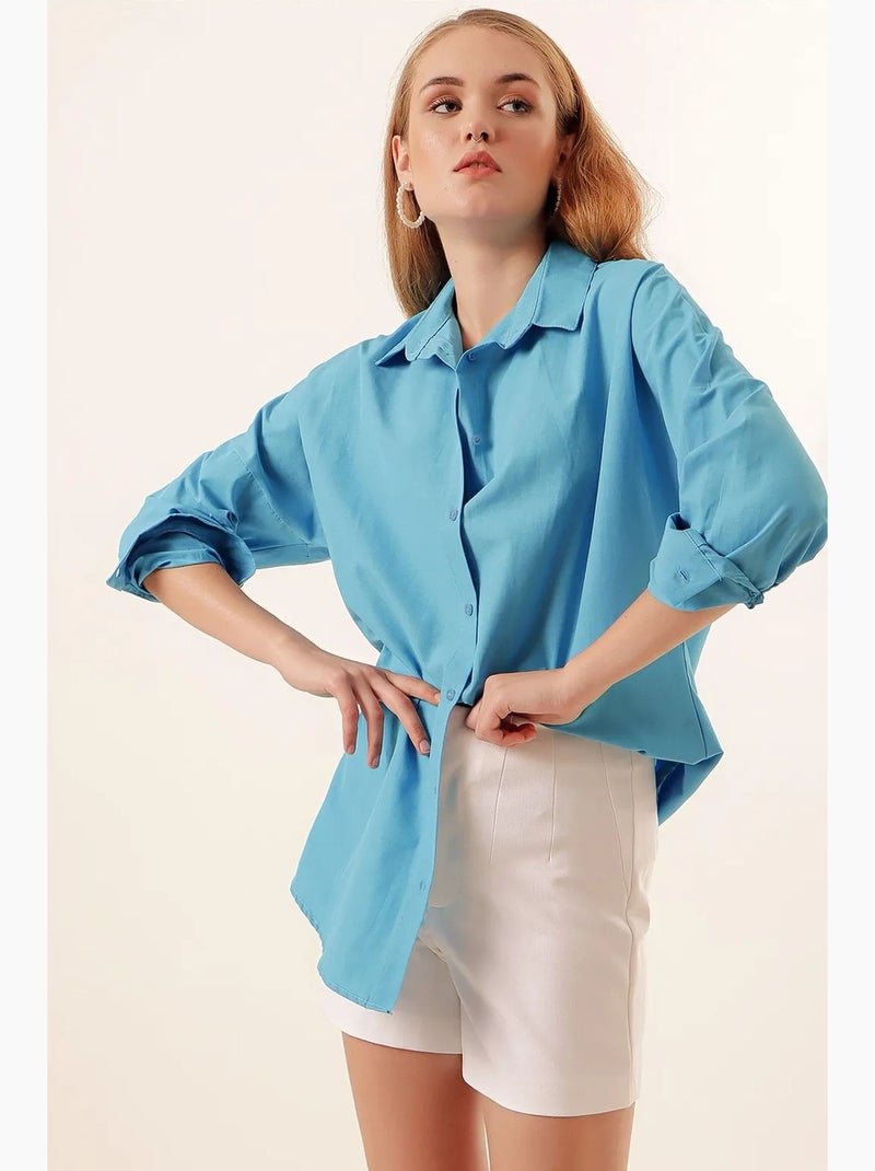 Camisa oversized em popelina com padrão e botões bdart Azul - Kiabi