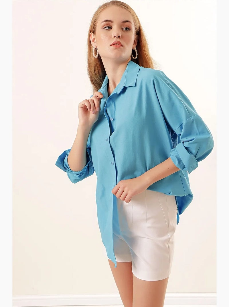 Camisa oversized em popelina com padrão e botões bdart Azul - Kiabi