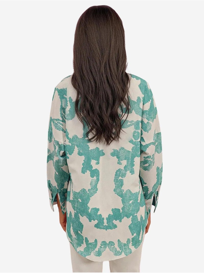 Camisa oversized em popelina com padrão e botões bdart Azul-petróleo - Kiabi