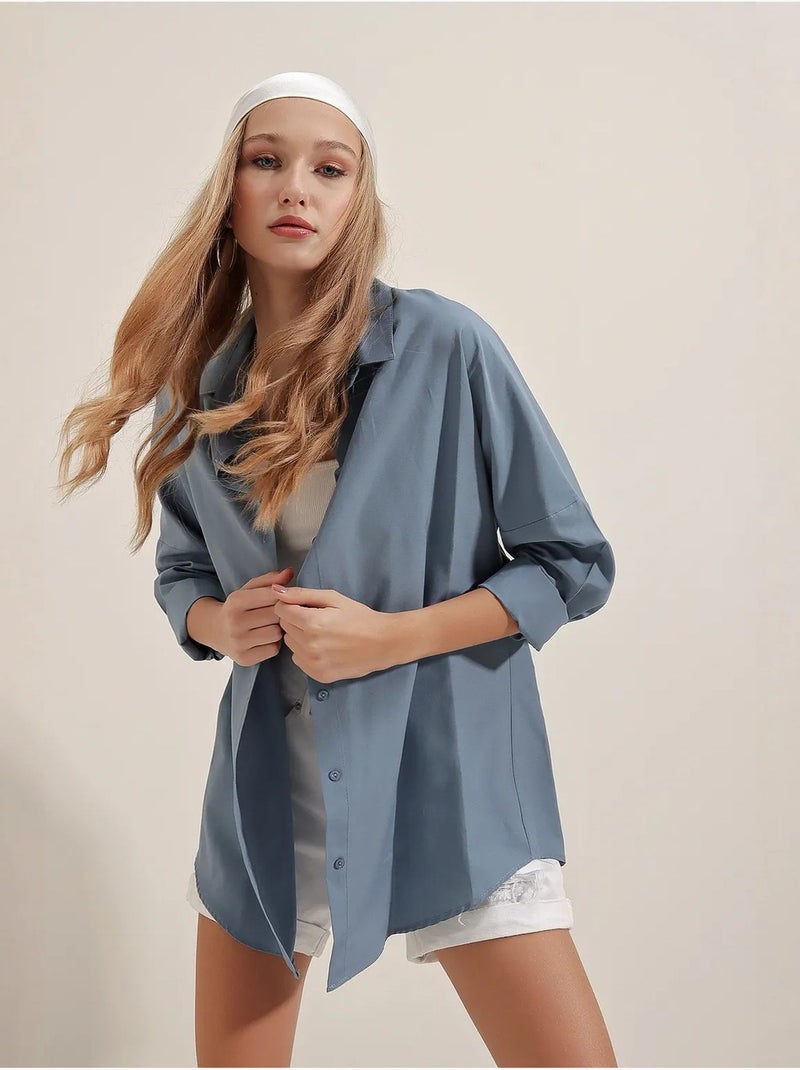 Camisa oversized em popelina com padrão e botões bdart Azul-safira - Kiabi