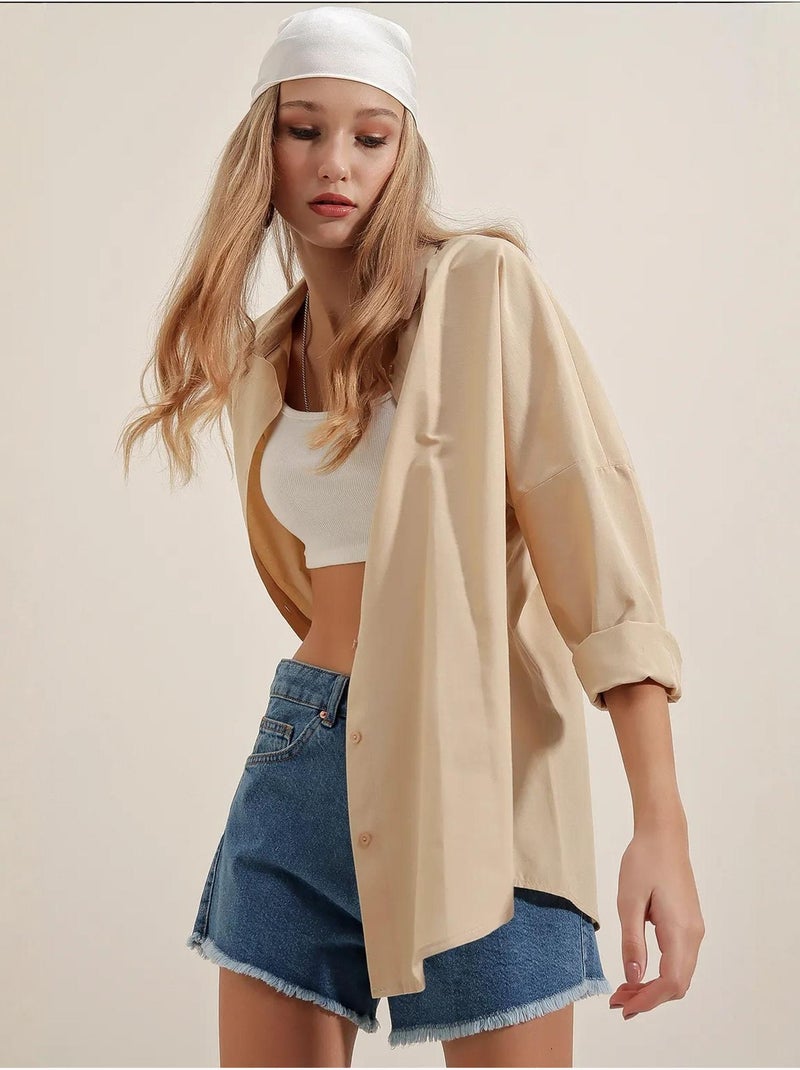 Camisa oversized em popelina com padrão e botões bdart Bege-argila - Kiabi