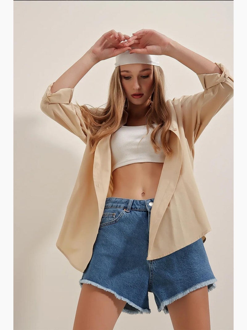 Camisa oversized em popelina com padrão e botões bdart Bege-argila - Kiabi