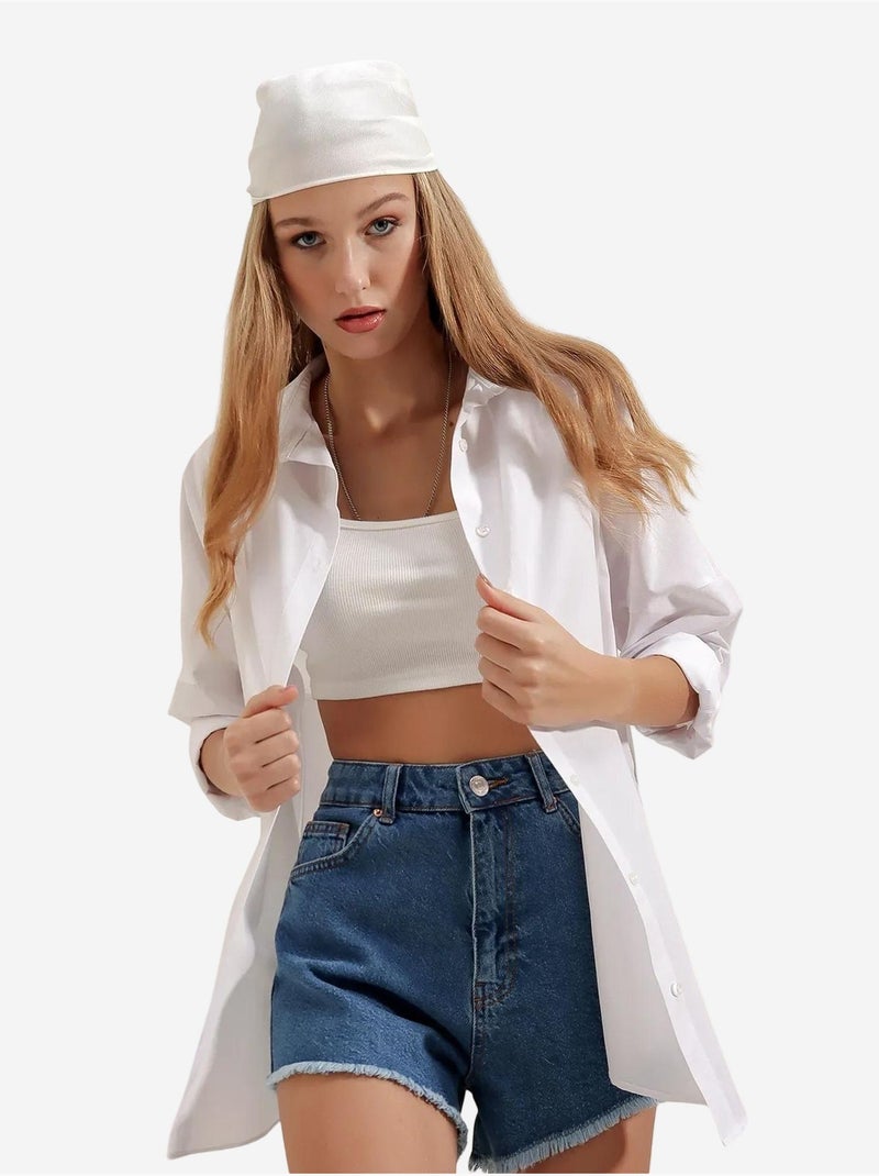 Camisa oversized em popelina com padrão e botões bdart Branco - Kiabi
