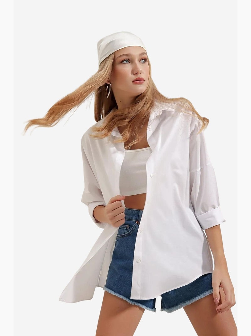 Camisa oversized em popelina com padrão e botões bdart Branco - Kiabi
