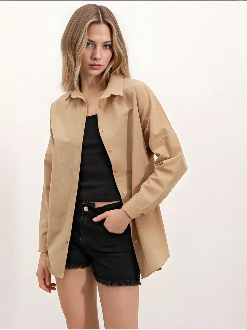 Camisa oversized em popelina com padrão e botões bdart Camelo - Kiabi