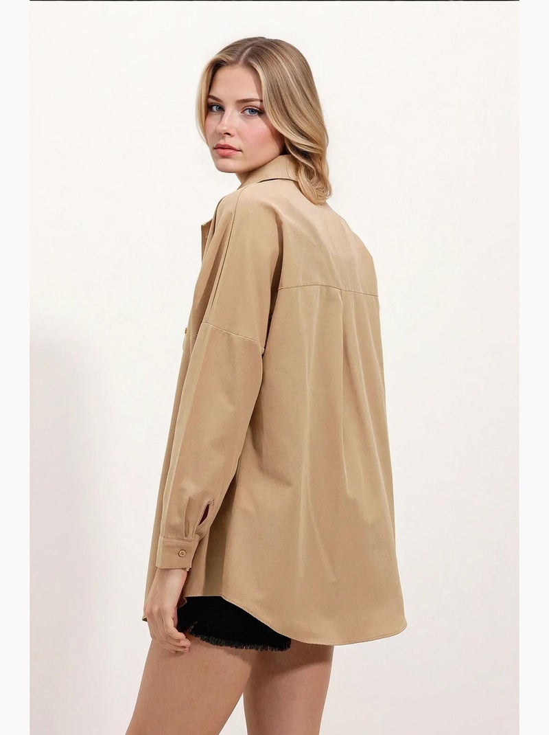 Camisa oversized em popelina com padrão e botões bdart Camelo - Kiabi