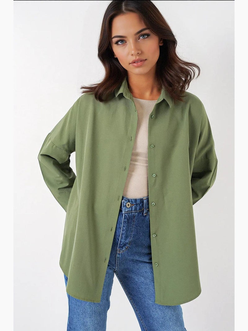 Camisa oversized em popelina com padrão e botões bdart Cáqui - Kiabi