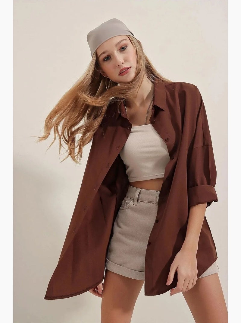 Camisa oversized em popelina com padrão e botões bdart Castanho-chocolate - Kiabi
