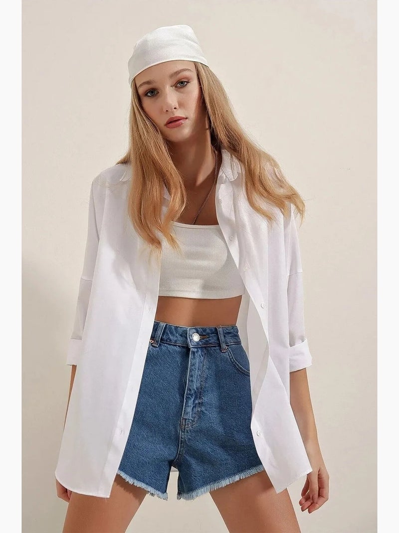 Camisa oversized em popelina com padrão e botões bdart Castanho-chocolate - Kiabi