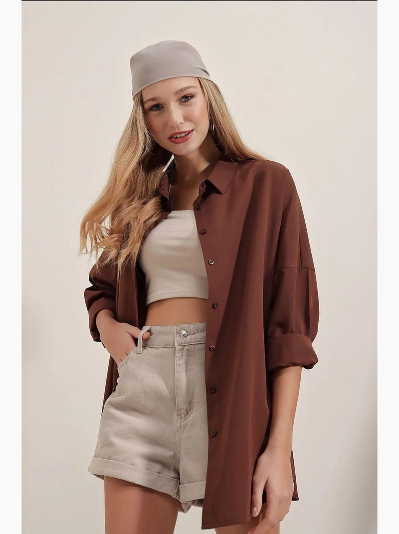 Camisa oversized em popelina com padrão e botões bdart Castanho - Kiabi