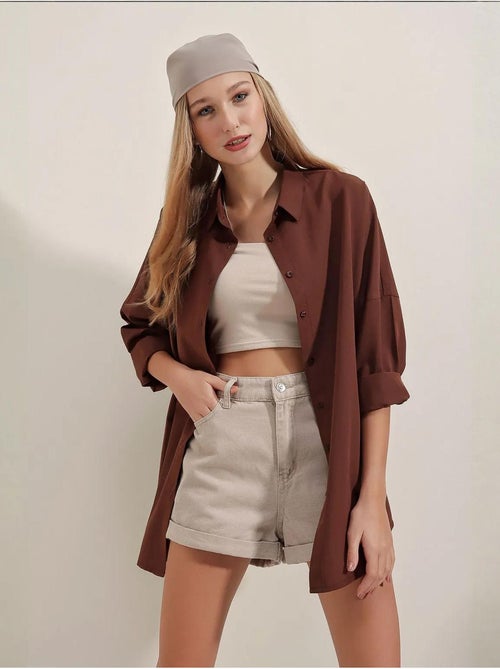 Camisa oversized em popelina com padrão e botões bdart - Kiabi Camisa oversized em popelina com padrão e botões bdart - Kiabi